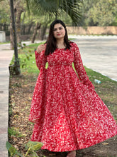 Printed red chiffon anarkali
